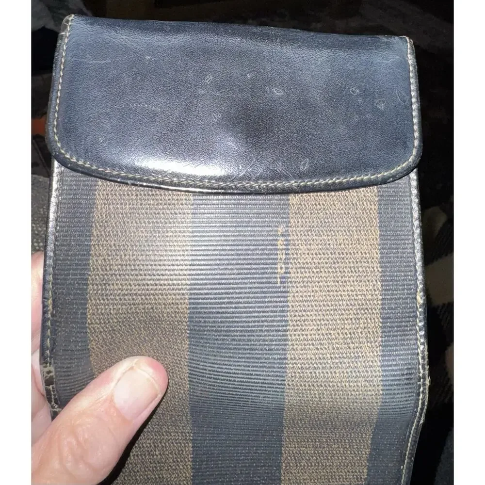 Vintage FENDI Pequin Striped Wallet Black Leather Bi-fold 1980s SAS Authentic